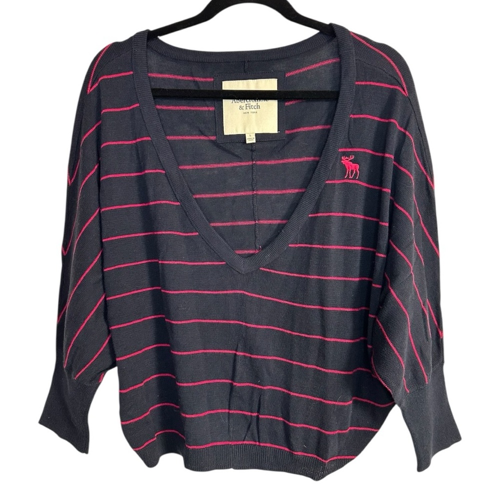 Abercrombie & Fitch Y2K Navy Blue Pink Deep V Neck Dolman Sweater Cotton Wool L